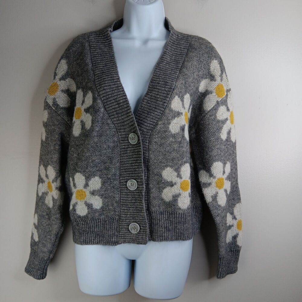 Industry Republic Cardigan Women's Large Gray Knit Sweater Floral Cropped Boho